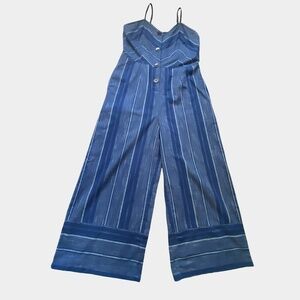 Angie Blue Stripe Wide Leg Coastal Nautical Light Cotton Strap Jumper- Sz-M
